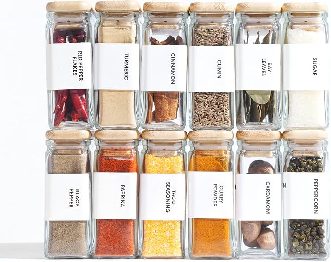 Glass Storage Jars with Bamboo Lid, glass canisters with airtight lids, Clear jars with lids for Spice, Cookie, Candy, Tea, Coffee Bean and Rice (White, 4oz, set of 12)