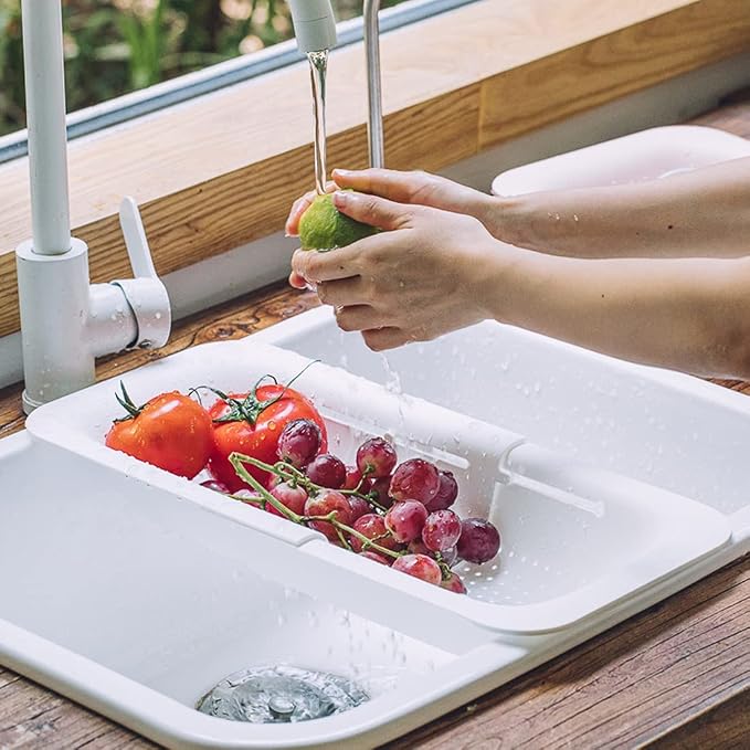 KesaPlan Collapsible Sink Colanders and Strainers Basket Over the Colander Extendable Plastic Fruit Vegetable Strainer Drainer for Kitchen(Length 14.3-19.4inch)(White Set of 2)