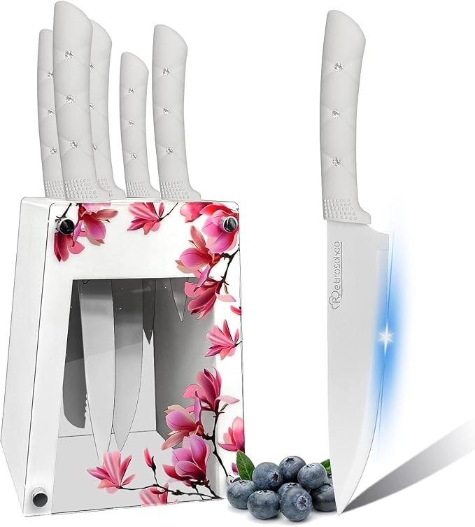 Kitchen Knife Set, White Flower 6PC Stainless Steel Sharp Chef Knife Set with Acrylic Stand, Cooking Non-slip Knife Set with Block, Non-stick Colorful Coating Gift for Women Girls (White)