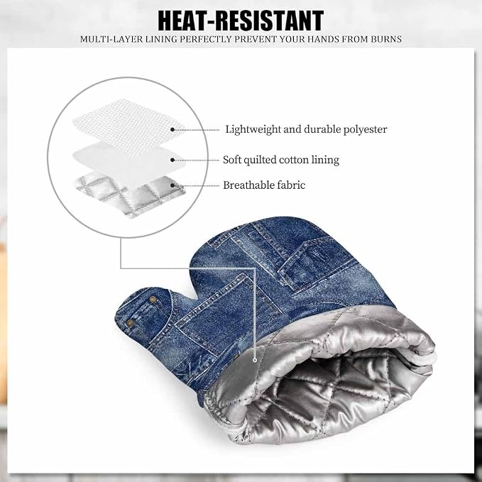 Mxocom Denim Patchwork Texture Silicone Oven Mitts and Pot Holders Sets BBQ Gloves for Kitchen,Cooking,Baking,Grilling