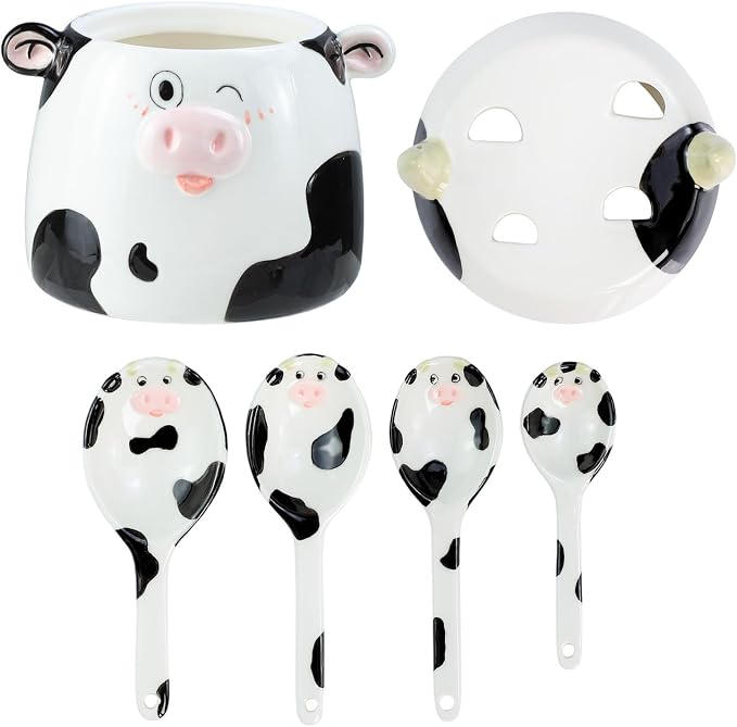 Ceramic Cow Pattern Measuring Spoons Set for Dry or Liquid with Measuring Cup Set, 4 PCS Kitchen Measuring Baking Spoons Cooking Measuring Spoons for Kitchen Baking Tool Utensil Set