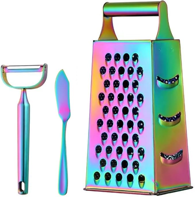 4 Sides Box Grater For Kitchen,Stainless Steel Cheese Grater With Handle,Multi-Function Vegetable Slicer Food Shredder For Chees,Ginger,Vegetables,Rainbow