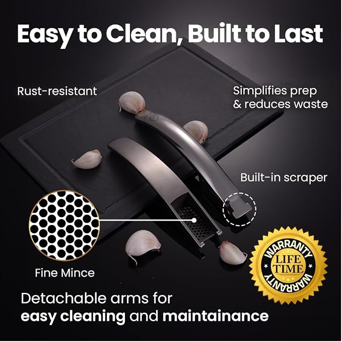 Lifetime Replacement Garlic Press Stainless Steel No Need to Peel, Detachable Handle for Fine Mincing-Premium Garlic Mincer Tool, Rust-Proof, Easy to Clean, Dishwasher Safe Garlic Crusher