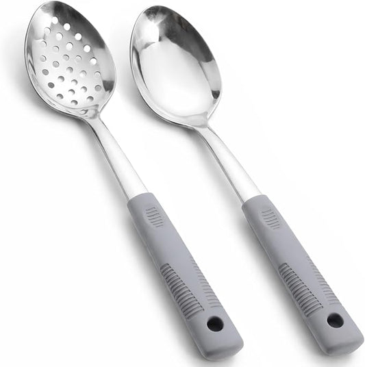 Serving Spoon Set with Silicone Handles,2-Piece spoon | Stainless Steel Serving Spoon, Slotted Spoon & Soup Ladle Set for Buffet and Home Kitchen