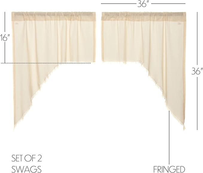 VHC Brands Tobacco Cloth Fringed Farmhouse Decor Kitchen Swag Prairie Panels Door Window Tier Set Curtains for Kitchen Bedroom Bathroom Living Room Dining (Natural, Classic Swag Set)