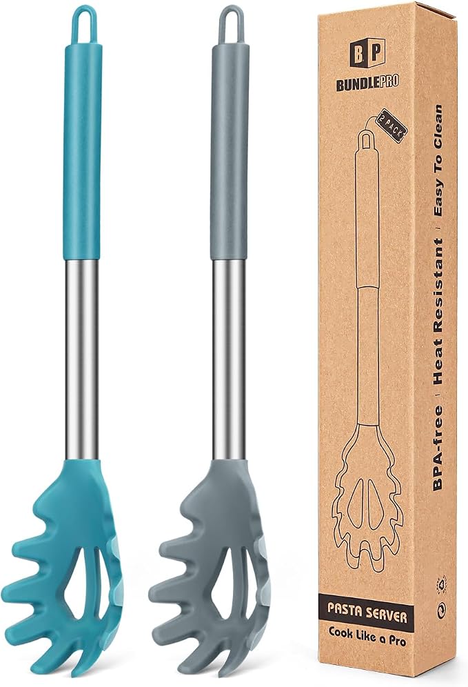 Pack of 2 Silicone Pasta Fork, Kitchen Heat Resistant Noodle Spoon Server, BPA Free Spaghetti Strainer, Best Cooking Tools (GRAY-BLUE)