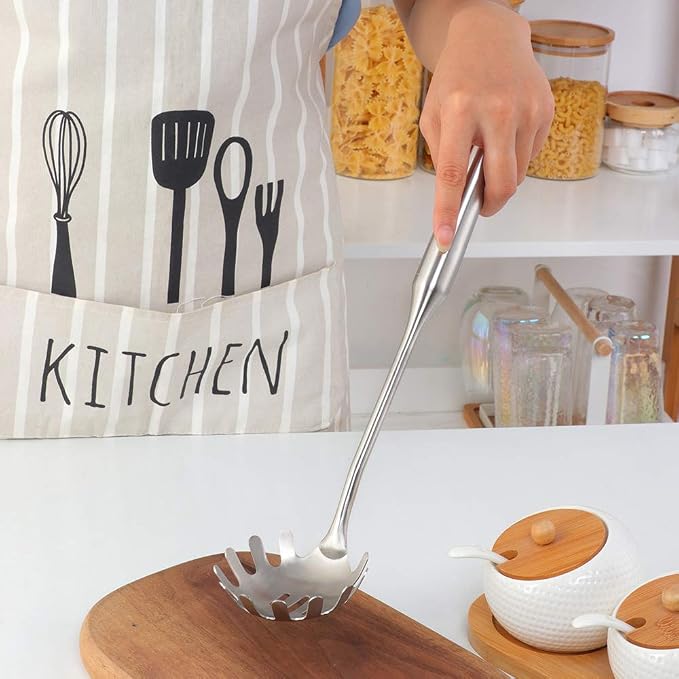 Stainless Steel Pasta Spoon Server,Kitchen Pasta Server, Ergonomic Handle & Heat Resistant Design - Kitchen Spaghetti Server Fork For Noodles, Pasta, More (silver)