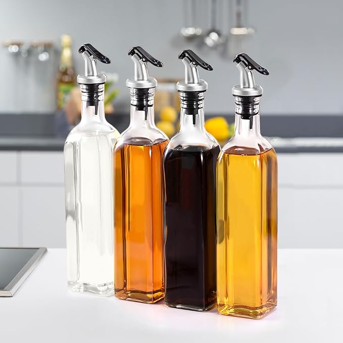 Showvigor Olive Oil Dispenser Bottles, 2Pack 17oz/500 ml Square Glass Tall Oil Bottles with 4 Labels, 2 Pourers and 1 Funnel