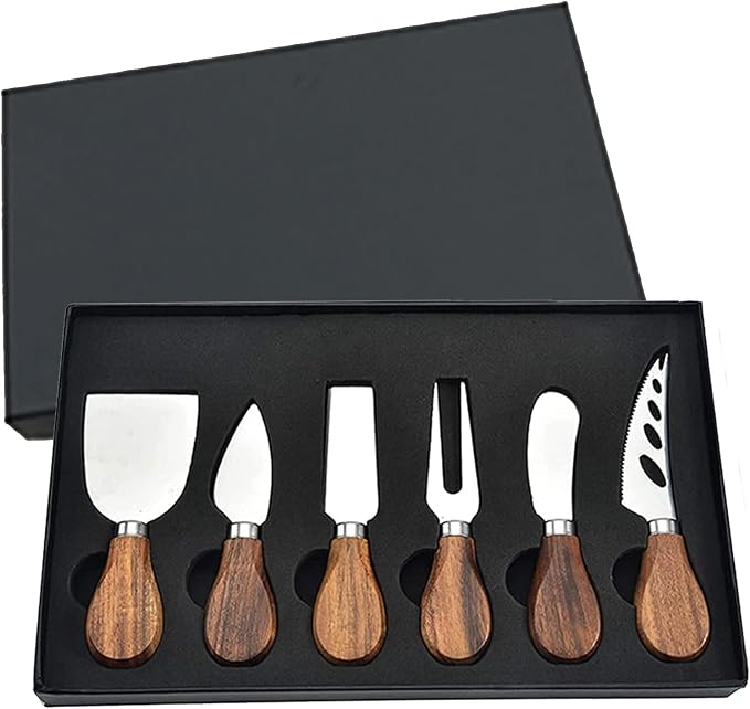 Cheese Knives with Cheese Slicer Cheese Cutter Cheese Fork,Cheese Spreading Knife for Charcuterie Boards and Cutlery Gift Set,6 Pieces Cheese Knife Set with Bamboo Wood Handle Steel Stainless