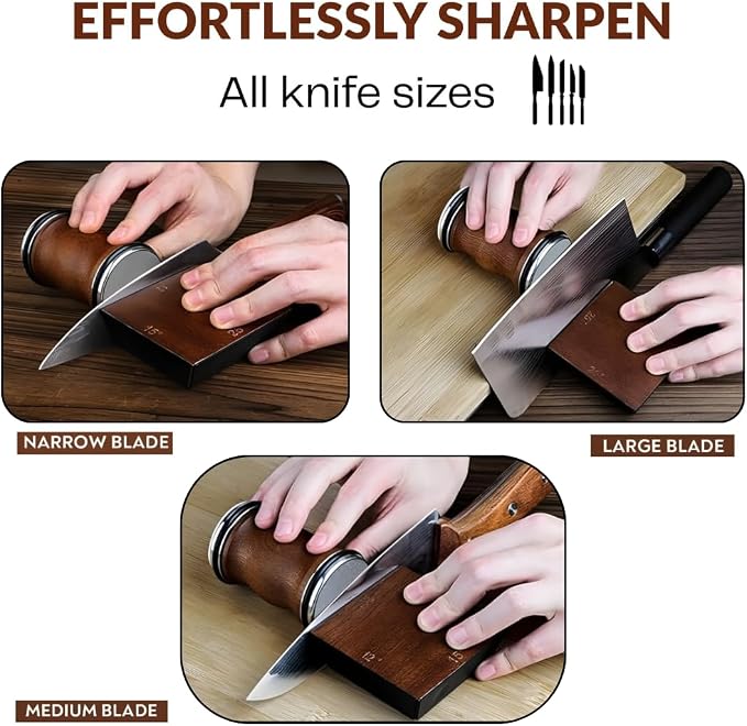 High Carbon Stainless Steel Rolling Knife Sharpener with 400, 1000 & 3000 Replacement Discs - Blunt Knife Sharpening Kit with 15 and 20 Degree Sharpening for Kitchen & Chef's Knives (CHOCOLATE)