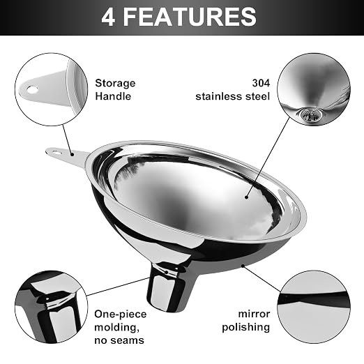 Serinar Stainless Steel Large Funnel (5.7 in. X 1 in. Mouth), Metal Funnel for Bottle Filling, Filling Funnel for Spices, Juices, Powders, Coffee Beans, Honey, Milk(Without Filter)