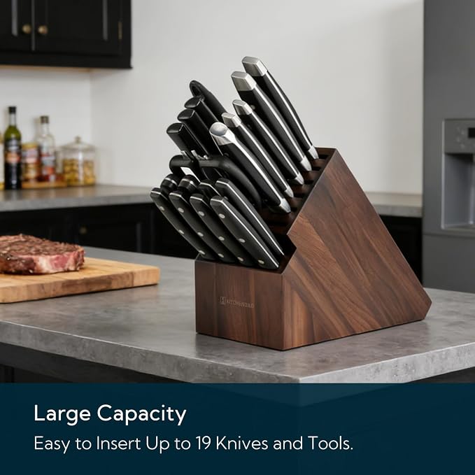 KITCHENDAO 20 Slot Black Walnut Wood Knife Block without Knives, Universal Knife Holder for Kitchen, Holding Multiple Types of Knives, Countertop Butcher Block Knife Stand for Easy Kitchen Storage