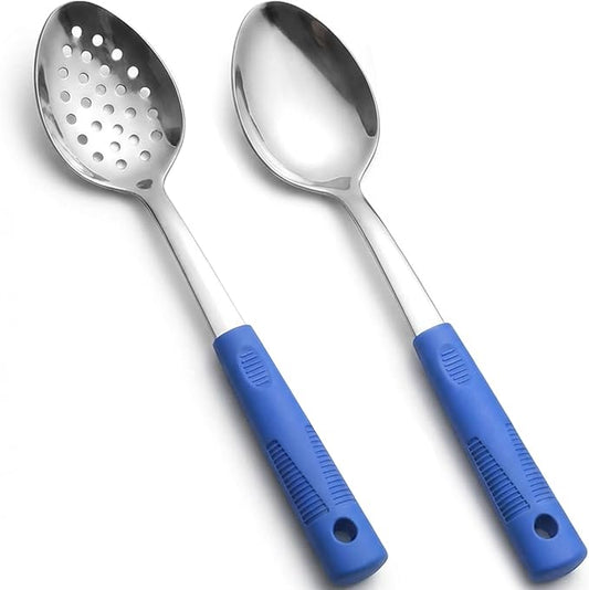 Serving Spoon Set with Silicone Handles,2-Piece spoon | Stainless Steel Serving Spoon, Slotted Spoon & Soup Ladle Set for Buffet and Home Kitchen