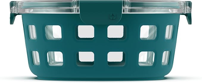 Ello Duraglass 7 Cup Glass Meal Prep Container with Lid, Teal | 7 cup glass meal prep container with silicone sleeve, leakproof BPA-free lid, microwave, freezer and dishwasher safe