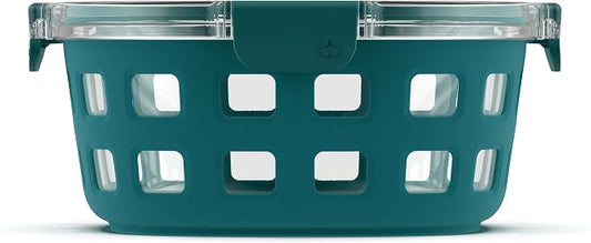 Ello Duraglass 7 Cup Glass Meal Prep Container with Lid, Teal | 7 cup glass meal prep container with silicone sleeve, leakproof BPA-free lid, microwave, freezer and dishwasher safe