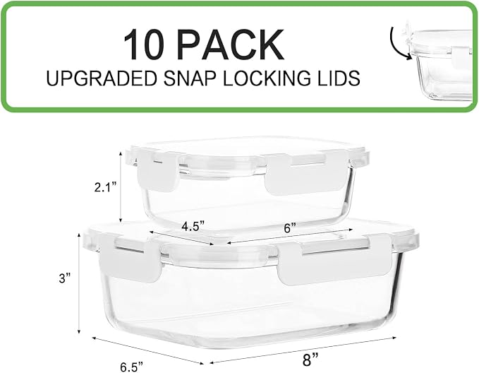 M MCIRCO 10 Pack Glass Food Storage Containers with Lids, White | Glass Meal Prep Containers,Airtight Lunch Containers with Lids, Microwave, Oven, Freezer and Dishwasher Friendly, BPA Free