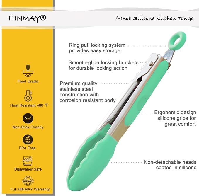 HINMAY Small Tongs with Silicone Tips 7-Inch Serving Tongs, Set of 3 | Pink Mint Yellow