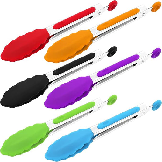 6Pack Kitchen Tongs,7 Inch Small Silicone Tong,Serving Tongs with Silicone Tips Sliding Rings,Stainless Steel Food Cooking Tong for Cooking Serving BBQ Grilling Salad(Multicolor)
