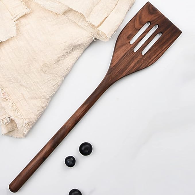 13" Wooden Fish Spatula Slotted Turner - Walnut Wood Kitchen Scraper for Stirring, Mixing, Dividing, Tasting, Turning and Serving Food - Long Handle for Nonstick Cookware