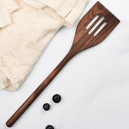 13" Wooden Fish Spatula Slotted Turner - Walnut Wood Kitchen Scraper for Stirring, Mixing, Dividing, Tasting, Turning and Serving Food - Long Handle for Nonstick Cookware