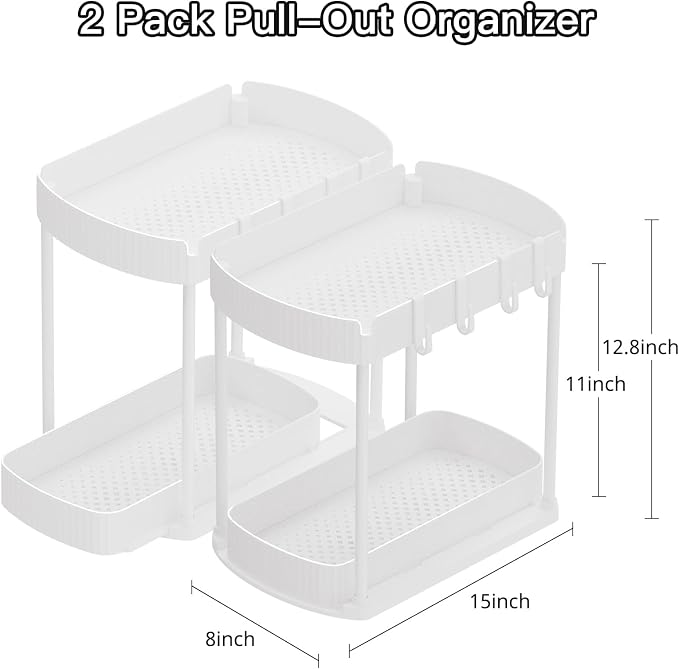 2 Packs Under Sink Pull-Out Storage Organizers, 12.8 Inches, White | Multi-Purpose Cabinet Organizers and Storage for Bathroom & Kitchen