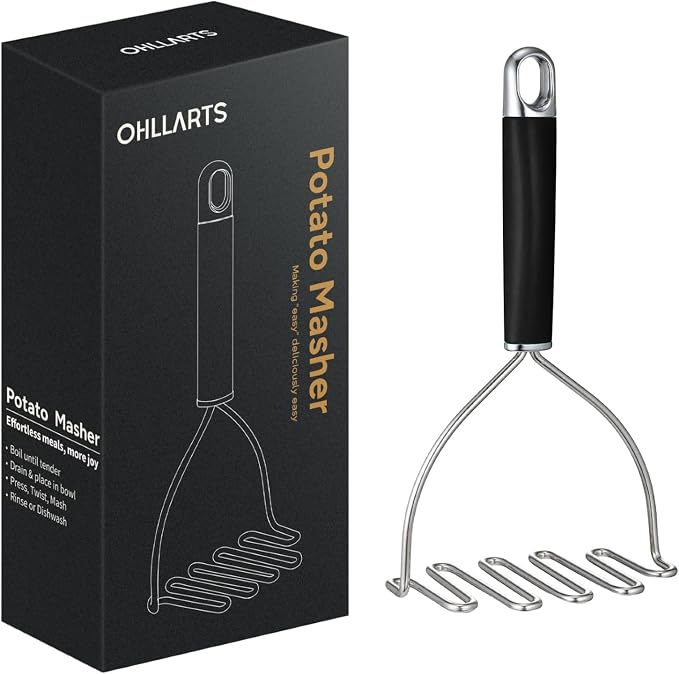 Potato Masher, 10.2 Inch Heavy Duty Stainless Steel Wire Build, Ergonomic Handle, Reinforced Durable Design for Effortless Mashing, Food Grade Dishwasher Safe Kitchen Tool, Black