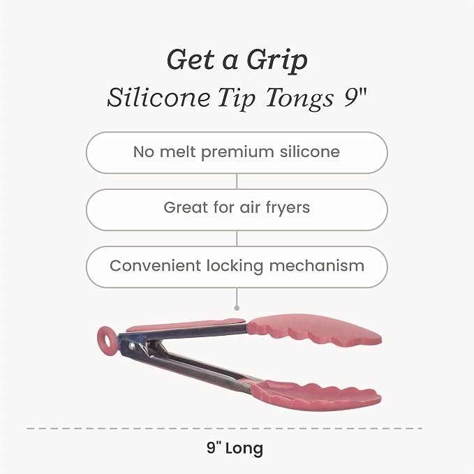 Starpack Get a Grip Silicone Kitchen Tongs (9 Inch) - LFGB Non Toxic, 600°F Heat Resistant, BPA-Free - Heavy-Duty Stainless Steel, Locking - Dishwasher Safe for Nonstick Cookware Earthy Pink