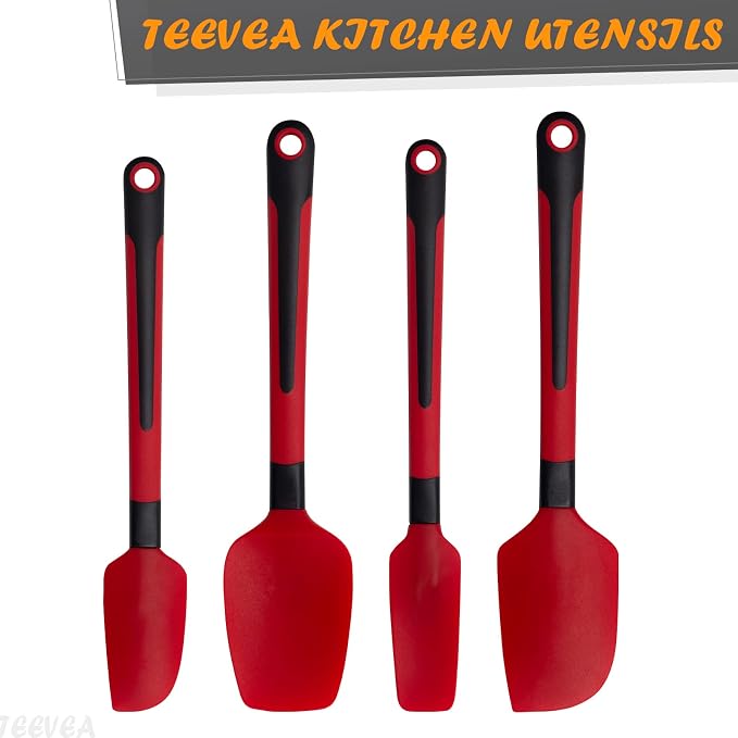 TEEVEA Silicone Spatula Set of 4 for Cooking Baking Mixing, Heat Resistant Non-Stick Dishwasher Safe BPA-Free Kitchen Utensils, Red and Black