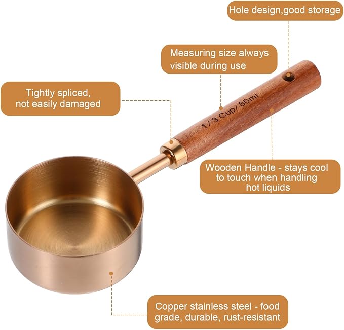 8-Piece Stainless Steel Measuring Cups and Spoons Set - Rose Gold Baking Measuring Cups and Spoons Set with Wooden Handles for Cooking & Baking (US & Metric Measurements)