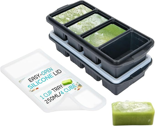 XOMOO Silicone Freezer Tray With Lid - Soup Freezer Container molds - Large Ice Cube Tray- makes 8 perfect 1 cup portions cubes, 2-Pack Freezer Storage Food Soups & Meal Prep - Oven & Dishwasher -Safe