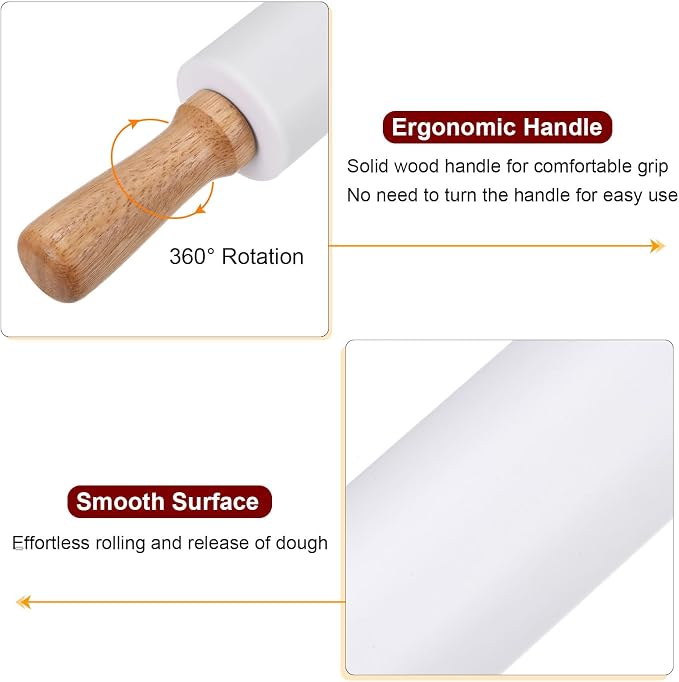 HARFINGTON 2pcs Silicone Rolling Pins for Baking 14.96 Inch Non-Stick Silicone Surface Wooden Handle Rolling Pin Small Roller Playdough Rolling Pins for Fondant Kitchen Dough Pizza, White