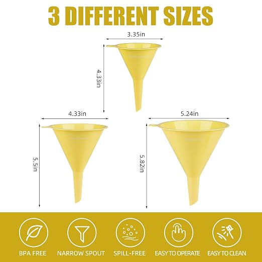 Plastic Kitchen Funnel Set of 3, Round Kitchen Funnels for Filling Bottles, Durable and Multifunctional Funnels for Filling Canning, Cooking, Lab or Car Oil (Milk Yellow)