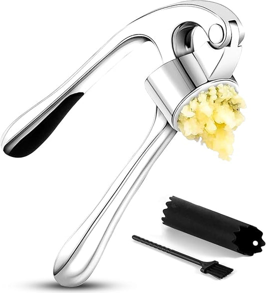 Garlic Press Premium 3 Piece Set - Dishwasher Safe Professional Mincer with Soft Ergonomic Handle, Silicone Peeler, and Cleaning Brush