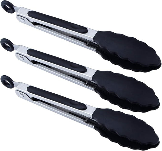 7 inch Cooking Tongs, MSY BIGSUNNY Set of 3 Mini Kitchen Tongs Silicone Serving Tongs With Silicone Tips for FoodGrill, Salad, BBQ (black)