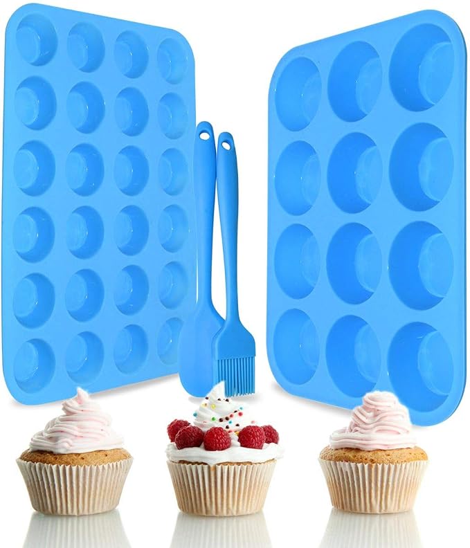 Silicone Muffin Pan Cupcake Set,Non-Stick 12 Cups and Mini 24 Cups | Silicone Baking Molds ,BPA Free Muffin Tin with 1 Spatula & 1 Oil Brush,BPA-Free,Dishwasher-Safe(blue)