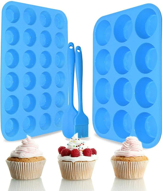 Silicone Muffin Pan Cupcake Set,Non-Stick 12 Cups and Mini 24 Cups | Silicone Baking Molds ,BPA Free Muffin Tin with 1 Spatula & 1 Oil Brush,BPA-Free,Dishwasher-Safe(blue)