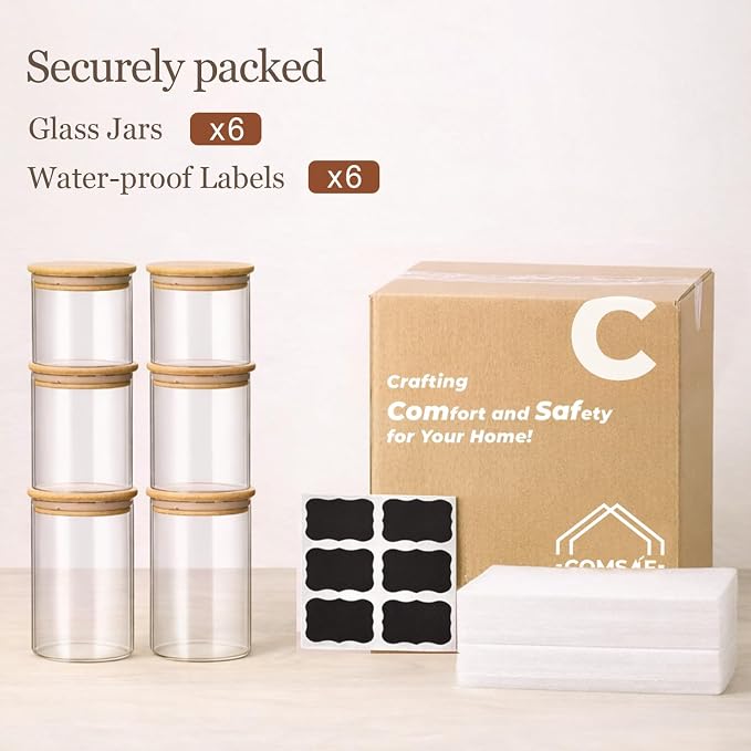 ComSaf Glass Storage Containers with Lids, Set of 6 Jars (0.6Qt/1Qt/1.5Qt) | Glass Pantry Storage Containers, Pantry Organization, BPA Free, Kitchen Canisters, Dry Food Flour Cereal Sugar Tea Coffee