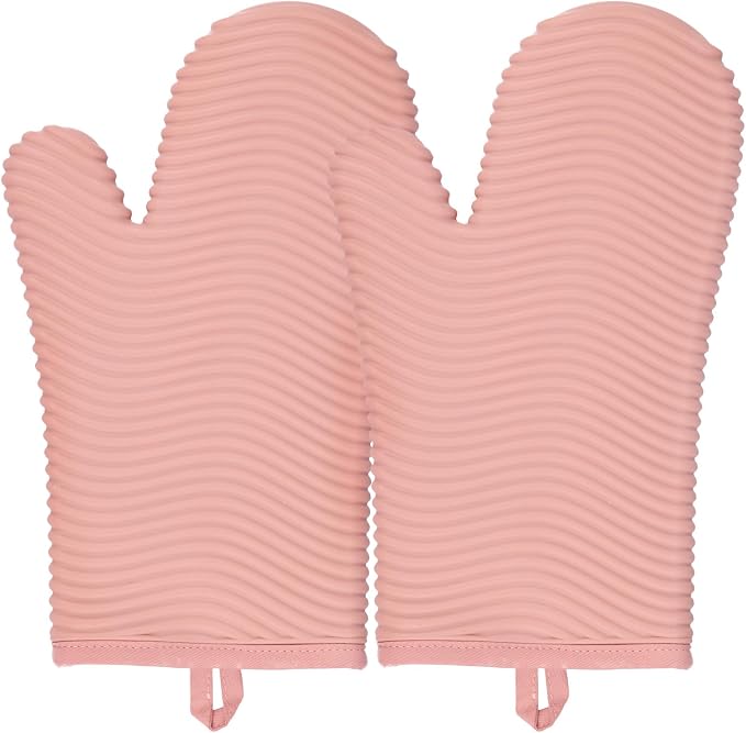 YUTAT Silicone Oven Mitts,Heat Resistant Oven Gloves with Soft Polyester Filling,Perfect for BBQ, Baking and Cooking,Pink,2 Pcs Set