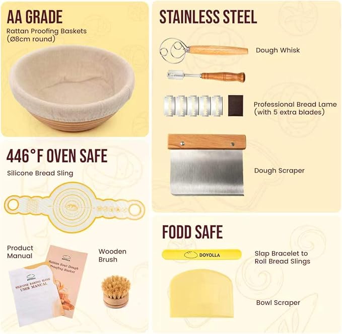 DOYOLLA Bread Proofing Basket Set, Sour Dough Tools with Silicone Bread Sling, Sourdough Starter Kit, Baking Gifts, Bread Making Kit (Round,8.5 inch)