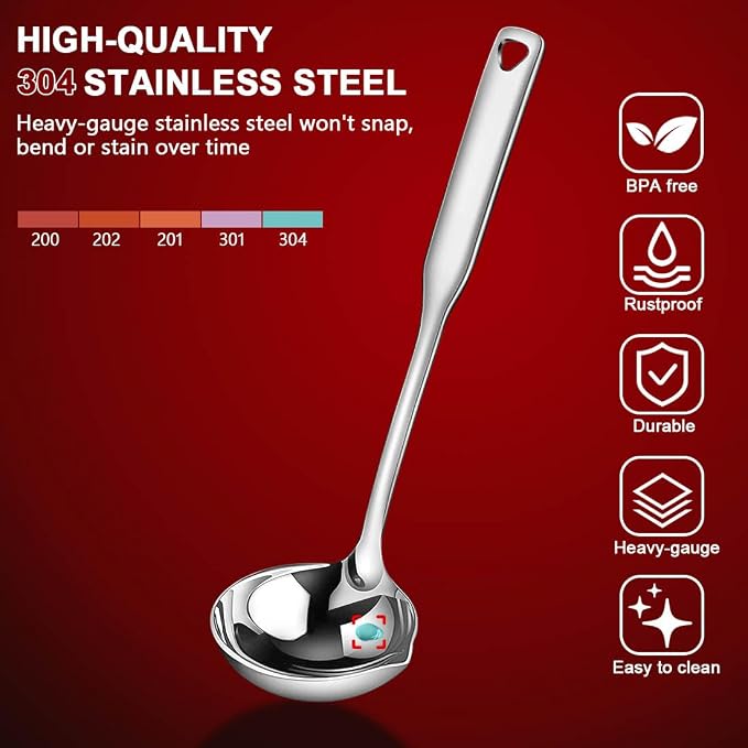 KAYCROWN Stainless Steel Ladle, Soup Ladle with Pour Spout, 11.8 Inches, Cooking Ladle for Serving Soups, Gravy and More, Integral Forming, Rustproof, Heat Resistance (1Pc)
