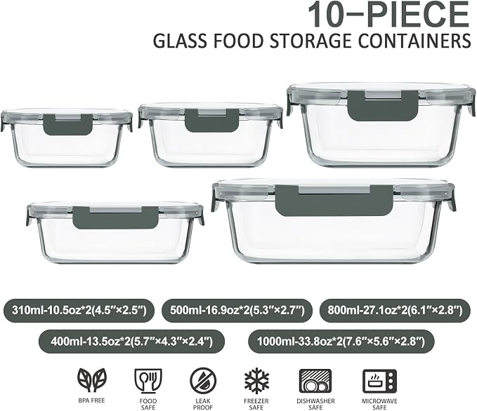 M MCIRCO 10 Pack Glass Food Storage Container with Lids,Gray | Glass Meal Prep Containers with Lids, Airtight Lunch Bento Boxes,Microwave, Oven, Freezer and Dishwasher Friendly, BPA Free