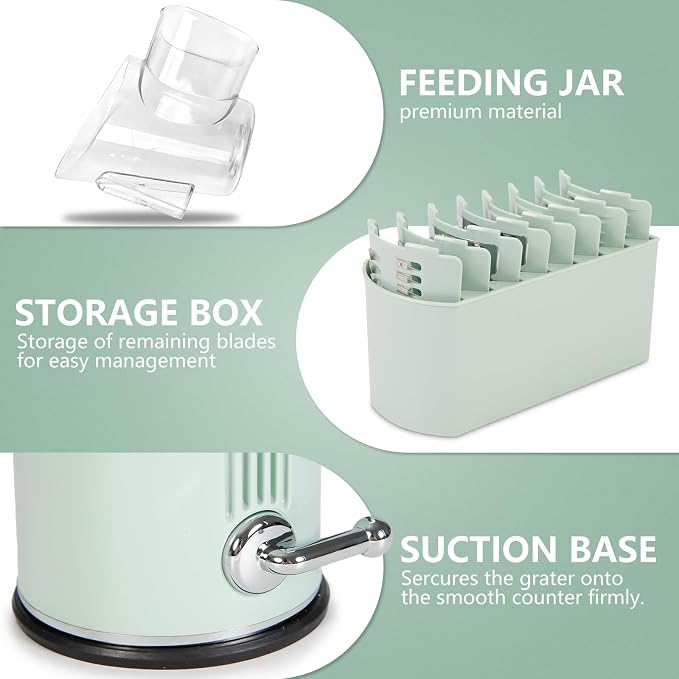 Rotary Cheese Grater with Handle: 5-in-1 Cheese Grater Hand Crank, Strong Suction Base for Fruit Vegetables Nuts with Blade Storage Box (Green)