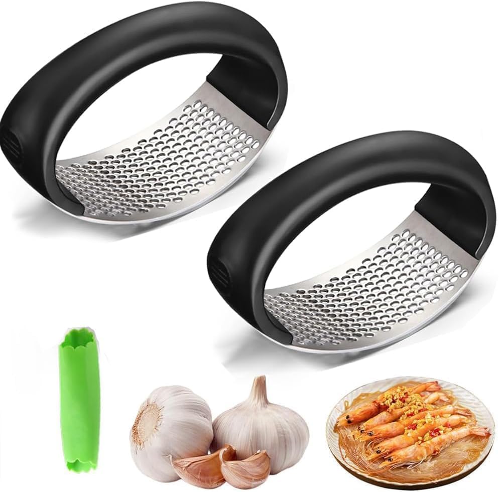 Garlic Press Rocker 2026 New,Portable Manual Stainless Steel Garlic Press Rocker Crusher Masher with Garlic Peeling Drum for Home Kitchen Utensils Garlic Crusher (2PCS)