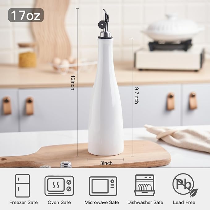 YOLIFE Olive Oil Dispenser Bottle, 17oz/500ml Ceramic Oil Bottle (White) | Oil Dispenser with Gravity Spout, Leak Proof EVOO Dispensing Bottle with 2 Spouts and 1 Funnel for Vinegar, Kitchen
