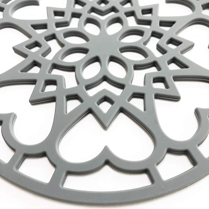 3 Set Silicone Trivet Mats with 1 Extra Large Included | Intricately Carved Insulated Flexible Durable Non Slip Thick Round Premium Trivets for Hot pots and Pans | Gray