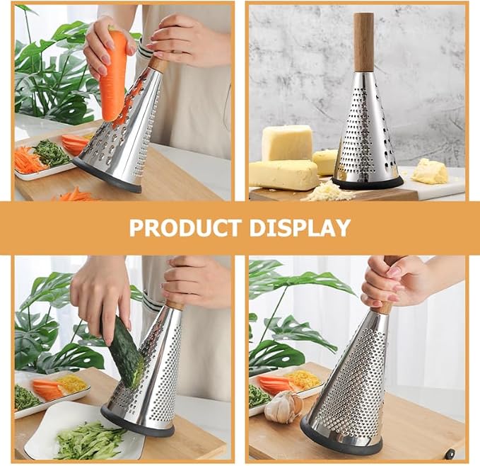 Manual Cheese Grater 3-Sided Stainless Steel Grater with Wood Handle Ergonomic Hand Tool for Cheese Fruit and Melon
