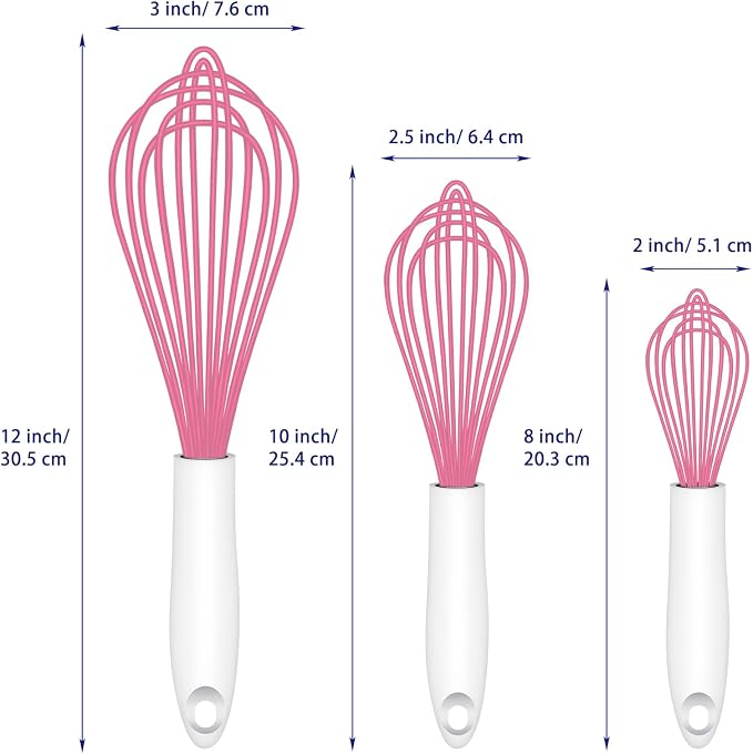 OYV Pink Silicone Whisk, Sealed Waterproof Design Set of 3, Professional Kitchen Whisks for Cooking Non-Scratch, Silicone&Stainless Steel Whisk, Heat Resistant 480°F Rubber wisk, BPA free