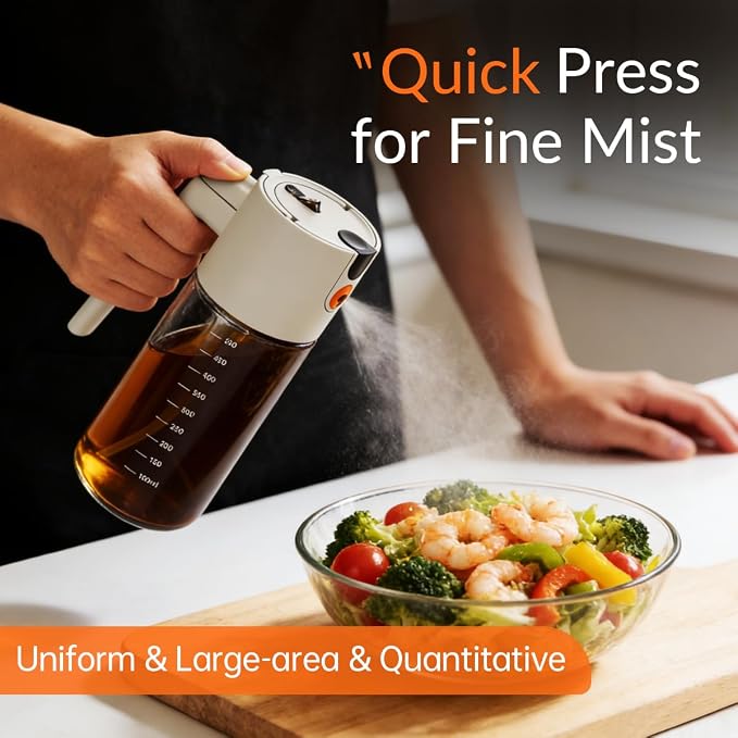 KEOUKE 2 in 1 Oil Sprayer & Dispenser for Cooking, 500ml Light-Blocking Glass Olive Oil Bottle with Gravity Sensing Cap, Ergonomic Push-Button Design for Air Fryer, BBQ, Salad