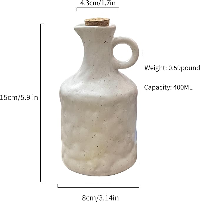 White Ceramic Olive Oil Dispenser with Cork Stopper 13.5 Oz Hand crafted | Reactive Glaze Texture Oil Pot, Leak - Proof Small Hole Spout for Kitchen, Ideal for Vinegar, Wine, Soy Sauce, Lemon Juice