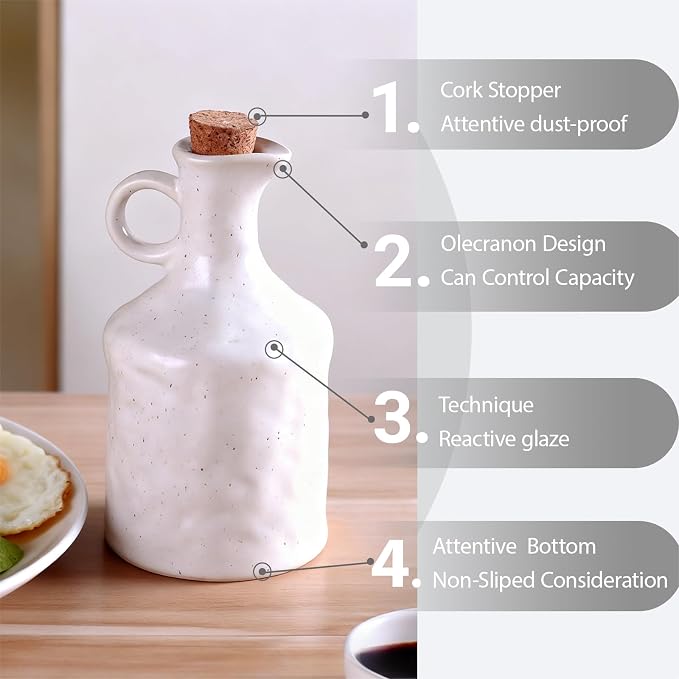 White Ceramic Olive Oil Dispenser with Cork Stopper 13.5 Oz Hand crafted | Reactive Glaze Texture Oil Pot, Leak - Proof Small Hole Spout for Kitchen, Ideal for Vinegar, Wine, Soy Sauce, Lemon Juice